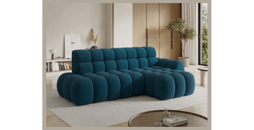 Canapé d’angle convertible BULLA 3 places bleu angle droit – tissu bouclette avec extension d’assise électrique