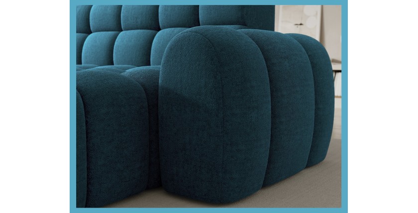 Canapé d’angle convertible BULLA 3 places bleu angle droit – tissu bouclette avec extension d’assise électrique