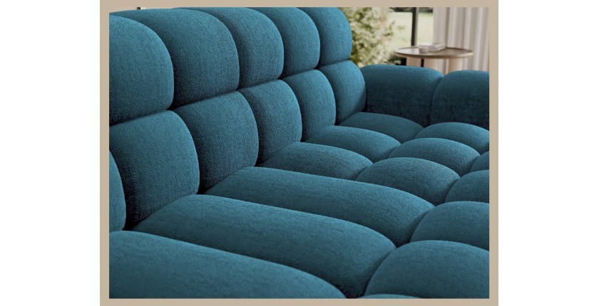 Canapé d’angle convertible BULLA 3 places bleu angle droit – tissu bouclette avec extension d’assise électrique