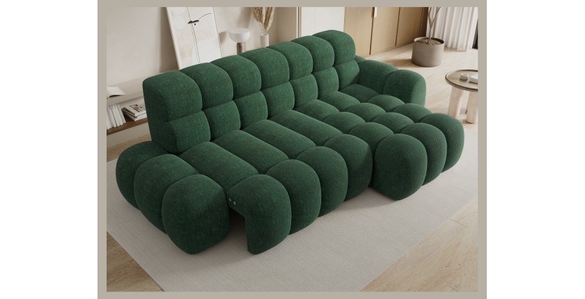 Canapé d’angle convertible BULLA 3 places vert angle droit – tissu bouclette avec extension d’assise électrique