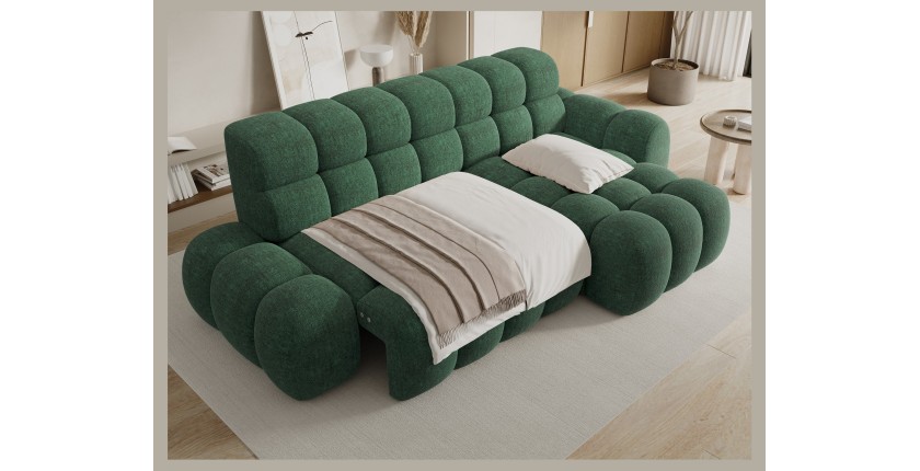 Canapé d’angle convertible BULLA 3 places vert angle droit – tissu bouclette avec extension d’assise électrique