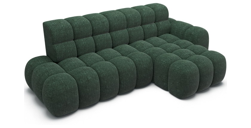 Canapé d’angle convertible BULLA 3 places vert angle droit – tissu bouclette avec extension d’assise électrique