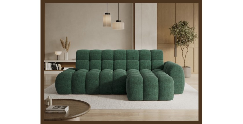 Canapé d’angle convertible BULLA 3 places vert angle droit – tissu bouclette avec extension d’assise électrique