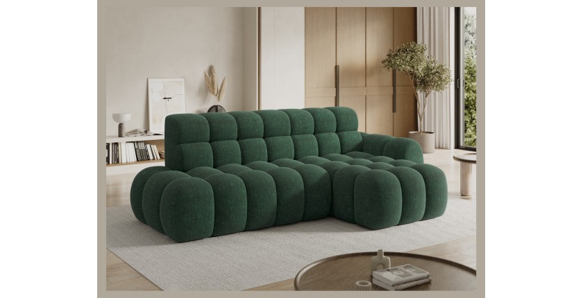 Canapé d’angle convertible BULLA 3 places vert angle droit – tissu bouclette avec extension d’assise électrique