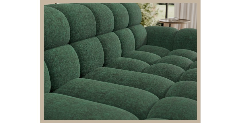 Canapé d’angle convertible BULLA 3 places vert angle droit – tissu bouclette avec extension d’assise électrique