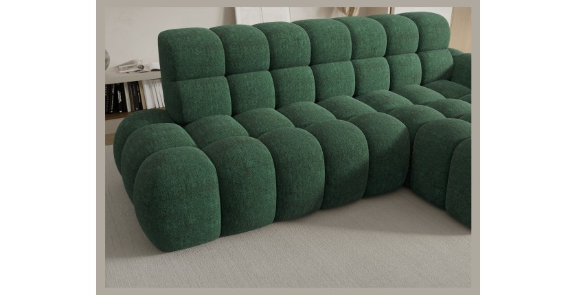 Canapé d’angle convertible BULLA 3 places vert angle droit – tissu bouclette avec extension d’assise électrique