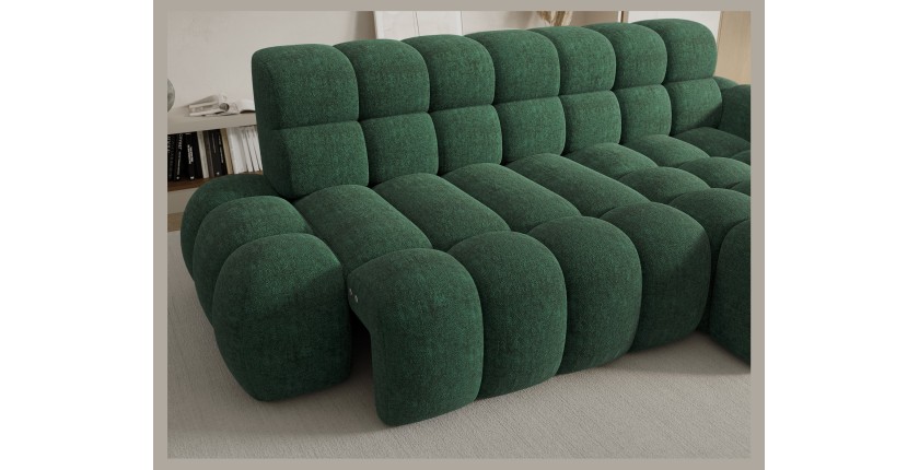 Canapé d’angle convertible BULLA 3 places vert angle droit – tissu bouclette avec extension d’assise électrique