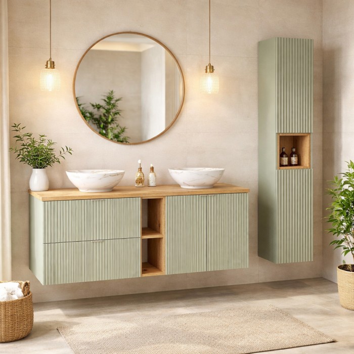 Set ELVINA 170cm: Unterschränke mit sichtbaren Nischen mit Schubladen und Schränken + zwei aufgesetzte marmorierte Waschbecken +
