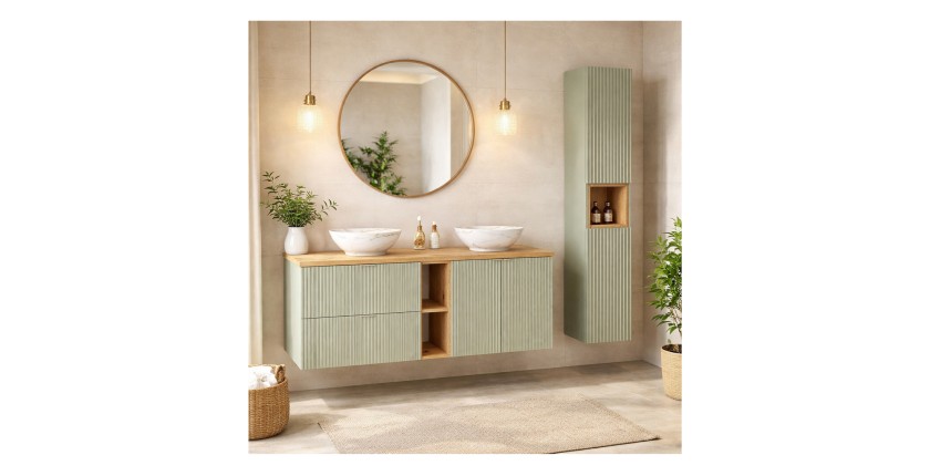 Ensemble ELVINA 170cm : meubles sous vasques, niches visibles, colonne, vasques à poser mis en situation