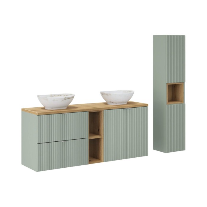Set ELVINA 170cm: Unterschränke mit sichtbaren Nischen mit Schubladen und Schränken + zwei aufgesetzte marmorierte Waschbecken +