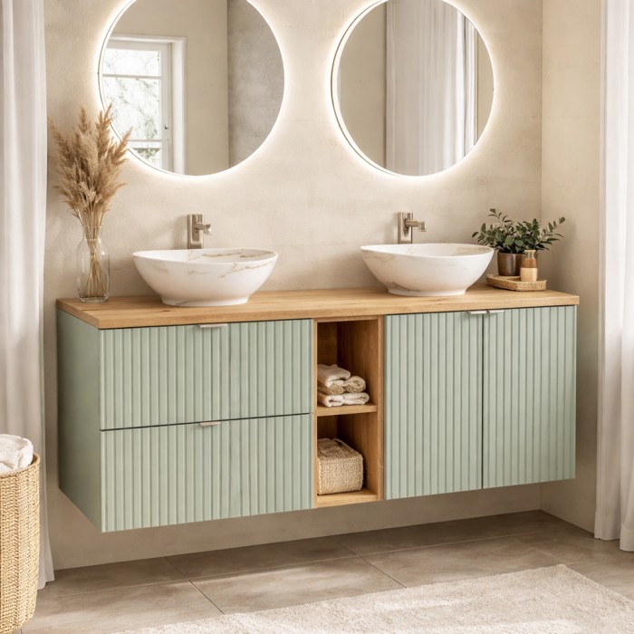 Insieme ELVINA 140cm: mobile sotto lavabo con nicchie visibili a cassetti e armadietti + piano per il lavabo + due lavabi da app