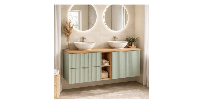 Ensemble ELVINA 140cm : meubles sous vasque, niches visibles, plan pour vasque et vasques à poser marbrée mis en situation