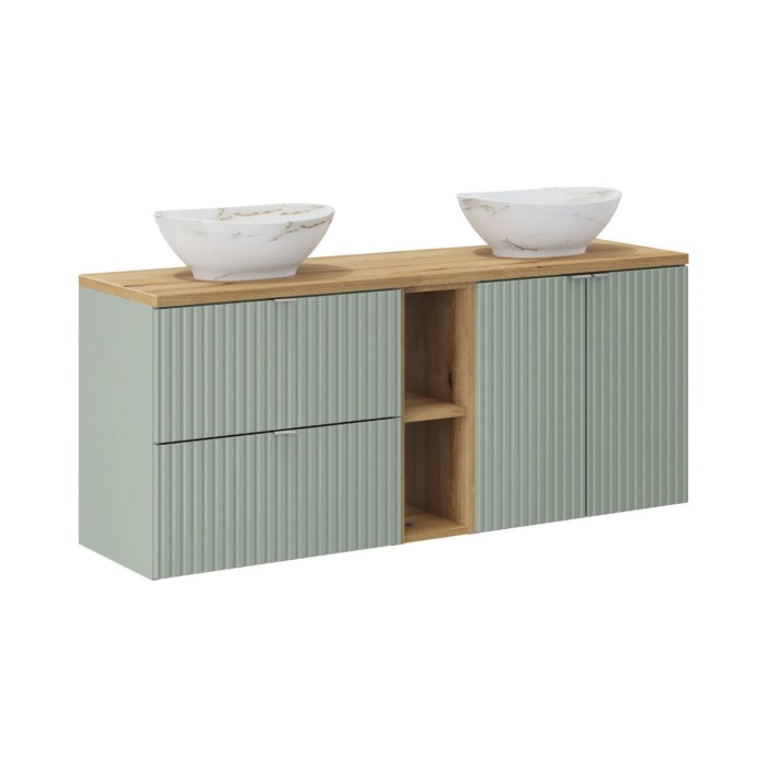 Insieme ELVINA 140cm: mobile sotto lavabo con nicchie visibili a cassetti e armadietti + piano per il lavabo + due lavabi da app