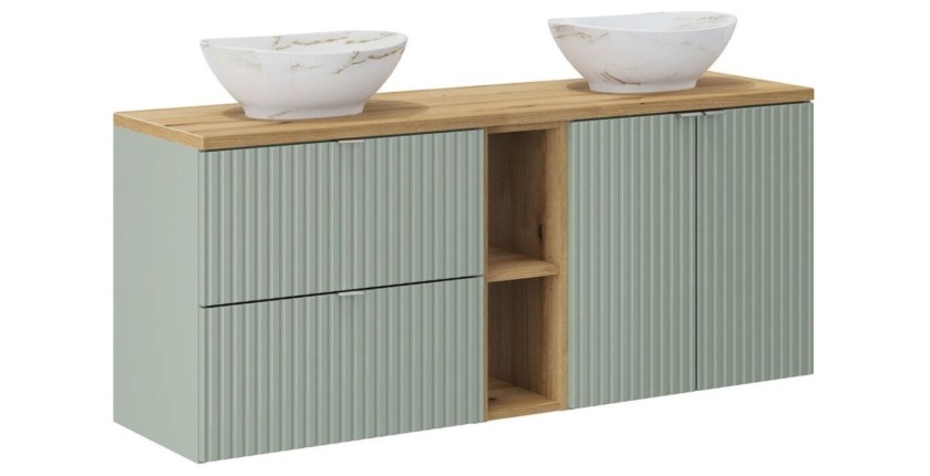 Ensemble ELVINA 140cm : meubles sous vasque, niches visibles, plan pour vasque et vasques à poser marbrée