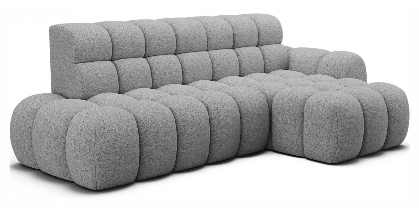 Canapé d’angle convertible BULLA 3 places gris angle droit – tissu bouclette avec extension d’assise électrique