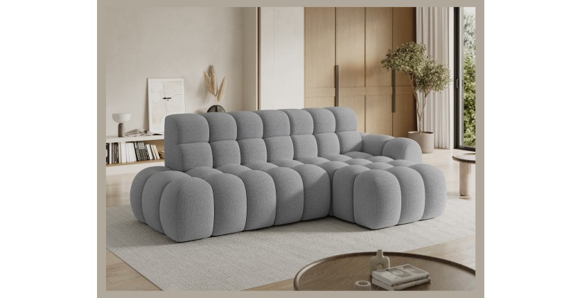 Canapé d’angle convertible BULLA 3 places gris angle droit – tissu bouclette avec extension d’assise électrique