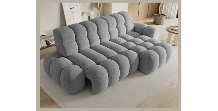 Canapé d’angle convertible BULLA 3 places gris angle droit – tissu bouclette avec extension d’assise électrique