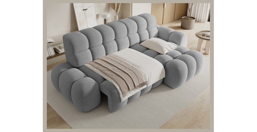 Canapé d’angle convertible BULLA 3 places gris angle droit – tissu bouclette avec extension d’assise électrique