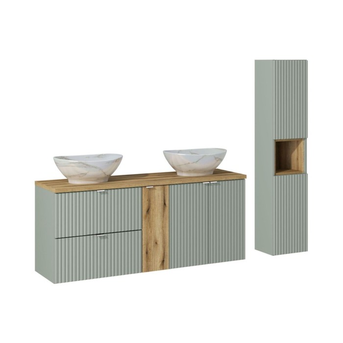 Set ELVINA 170cm: Unterschränke mit Schubladen und Schränken + Platte für Waschbecken + zwei aufsatzbecken marmoriert + Säule