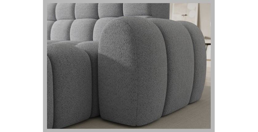 Canapé d’angle convertible BULLA 3 places gris angle droit – tissu bouclette avec extension d’assise électrique