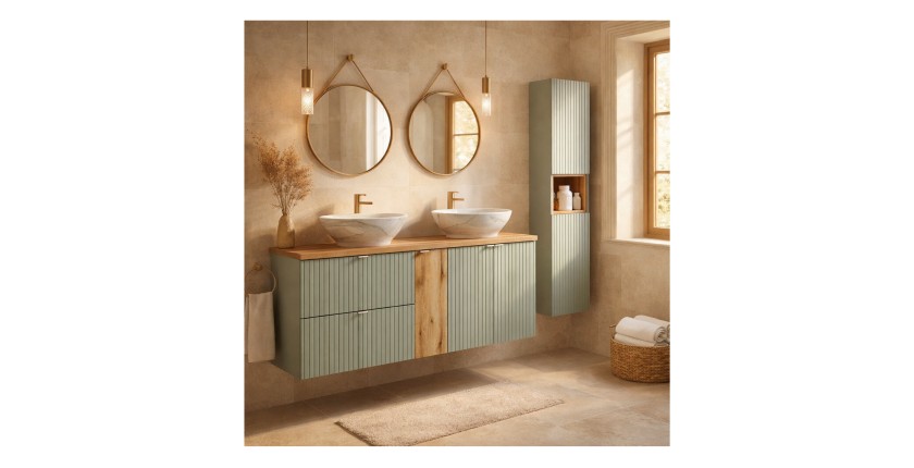 Ensemble ELVINA 170cm : Meubles sous vasques, niches fermées, vasques à poser, colonne mis en situation