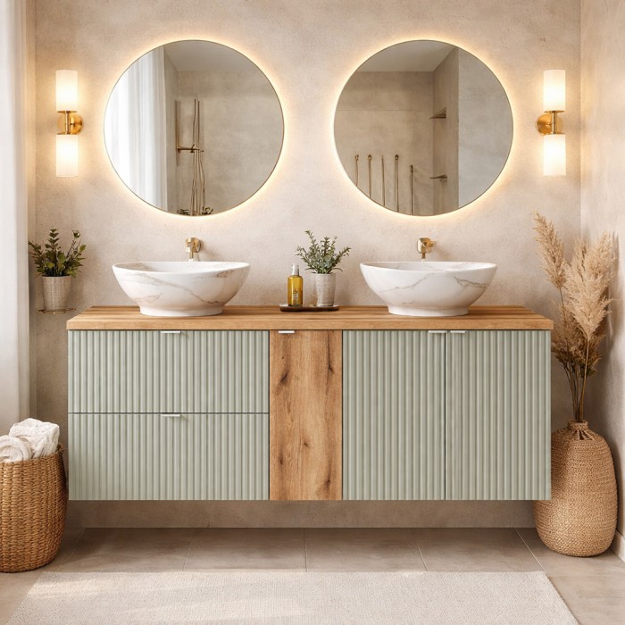 Conjunto ELVINA 140cm: muebles bajo lavabo con cajones y armarios + encimera para lavabo + dos lavabos sobre encimera marmoleado