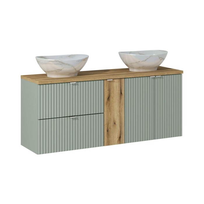Conjunto ELVINA 140cm: muebles bajo lavabo con cajones y armarios + encimera para lavabo + dos lavabos sobre encimera marmoleado