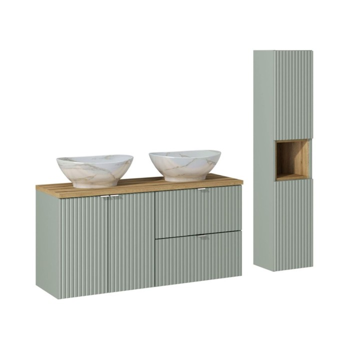 Set ELVINA 150cm: meubels onder wastafel met lades en kasten + plan voor wastafel + twee opbouwwastafels in marmerlook + kolom