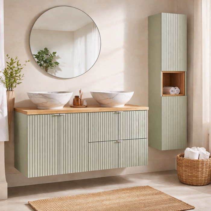Set ELVINA 150cm: meubels onder wastafel met lades en kasten + plan voor wastafel + twee opbouwwastafels in marmerlook + kolom