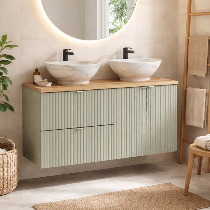 Insieme ELVINA 120cm: mobili sotto lavabo con cassetti e armadietti + piano per lavabo + due lavabi da appoggio marmorizzati