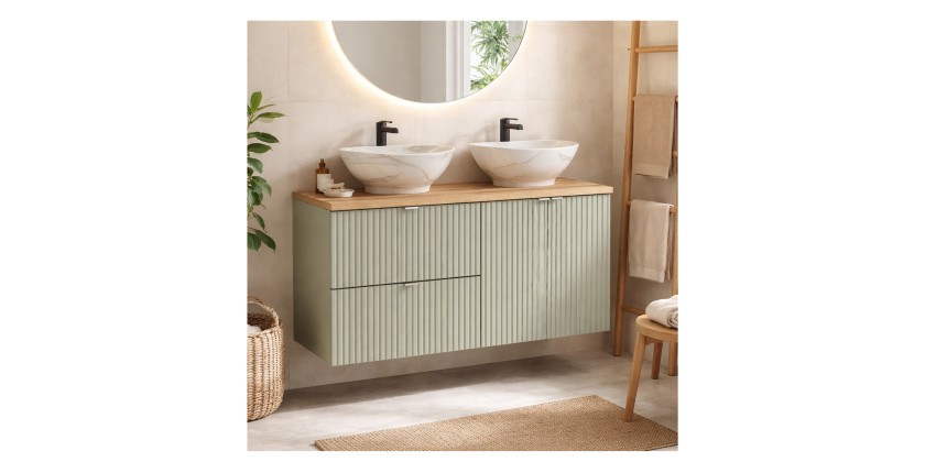 Ensemble ELVINA 120cm : meubles sous vasque à placards et tiroirs, plan pour vasque et vasques à poser mis en situation