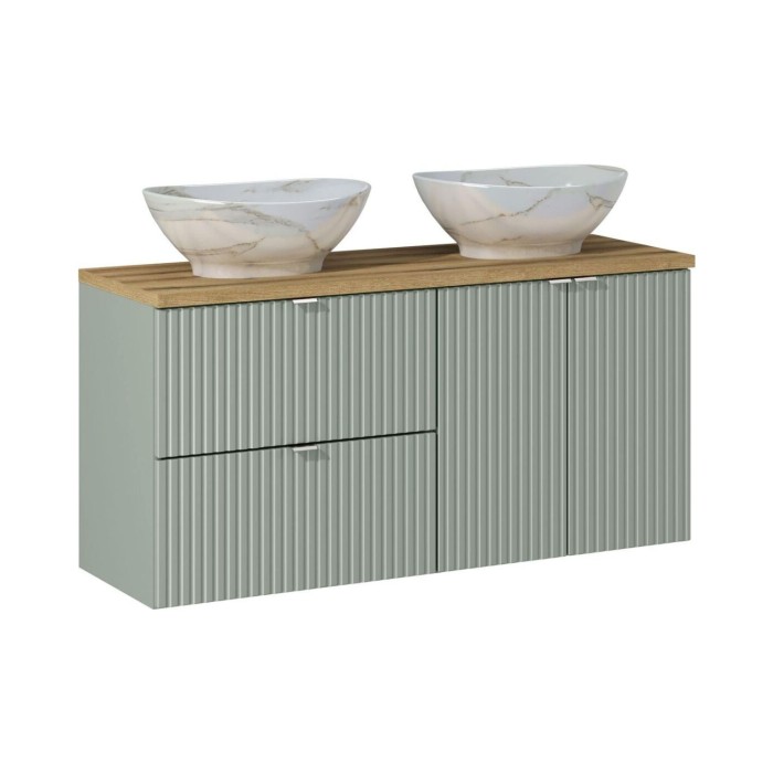Insieme ELVINA 120cm: mobili sotto lavabo con cassetti e armadietti + piano per lavabo + due lavabi da appoggio marmorizzati