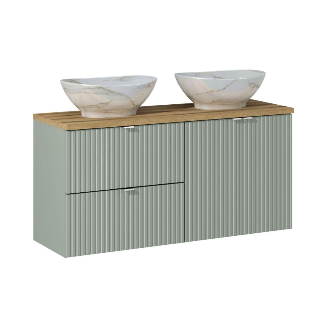 Ensemble ELVINA 120cm : meubles sous vasque à placards et tiroirs, plan pour vasque et vasques à poser