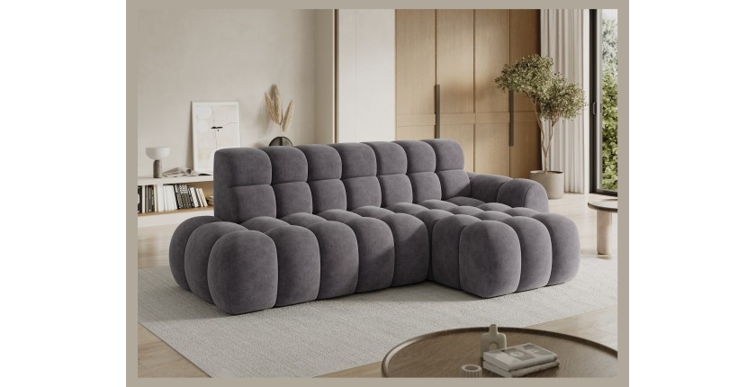 Canapé d’angle convertible BULLA 3 places gris angle droit – tissu effet alcantara avec extension d’assise électrique