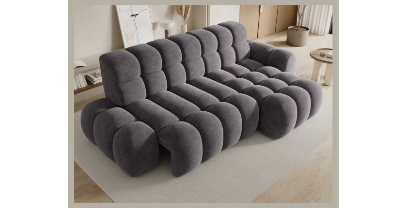 Canapé d’angle convertible BULLA 3 places gris angle droit – tissu effet alcantara avec extension d’assise électrique