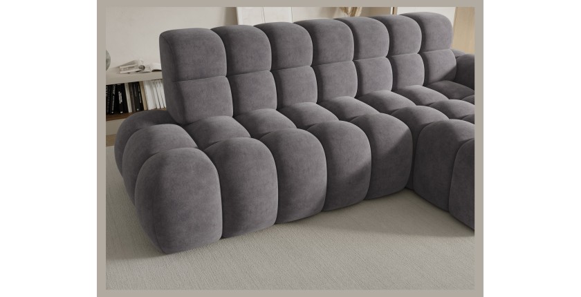 Canapé d’angle convertible BULLA 3 places gris angle droit – tissu effet alcantara avec extension d’assise électrique