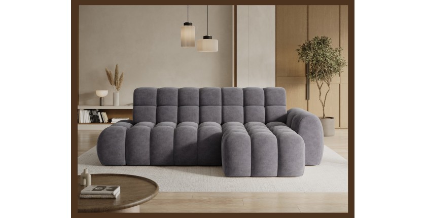 Canapé d’angle convertible BULLA 3 places gris angle droit – tissu effet alcantara avec extension d’assise électrique