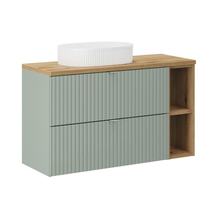 Insieme ELVINA 100cm: mobile sottolavabo con cassetti e nicchie a vista + piano per lavabo + lavabo da appoggio scanalato