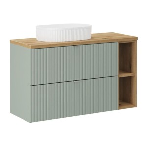 Ensemble ELVINA 100cm : meuble sous vasque à tiroirs, niches visibles, plan pour vasque et vasque rainurée à poser