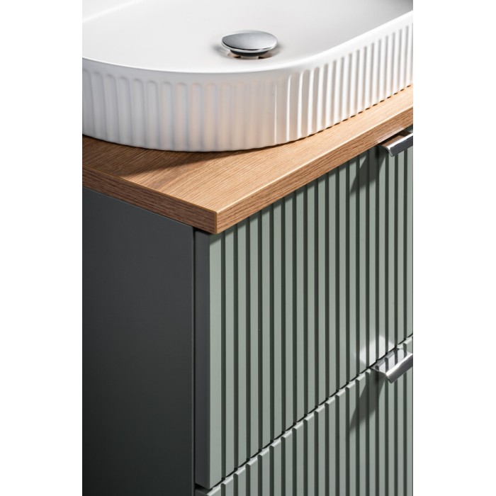 Insieme ELVINA 100cm: mobile sottolavabo con cassetti e nicchie a vista + piano per lavabo + lavabo da appoggio scanalato