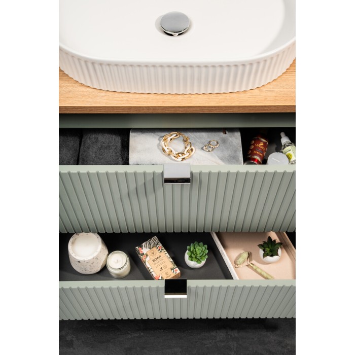 Insieme ELVINA 100cm: mobile sottolavabo con cassetti e nicchie a vista + piano per lavabo + lavabo da appoggio scanalato