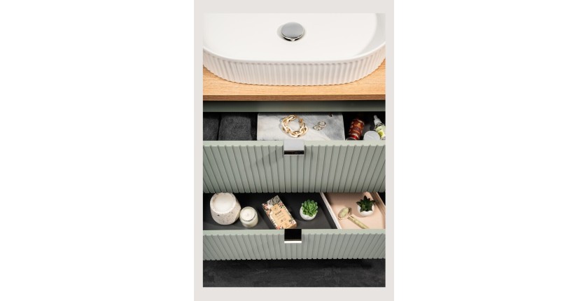 Zoom sur les tiroirs ouverts du meuble sous vasque ELVINA 80cm