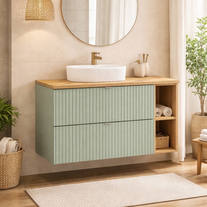 Insieme ELVINA 100cm: mobile sottolavabo con cassetti e nicchie a vista + piano per lavabo + lavabo da appoggio scanalato