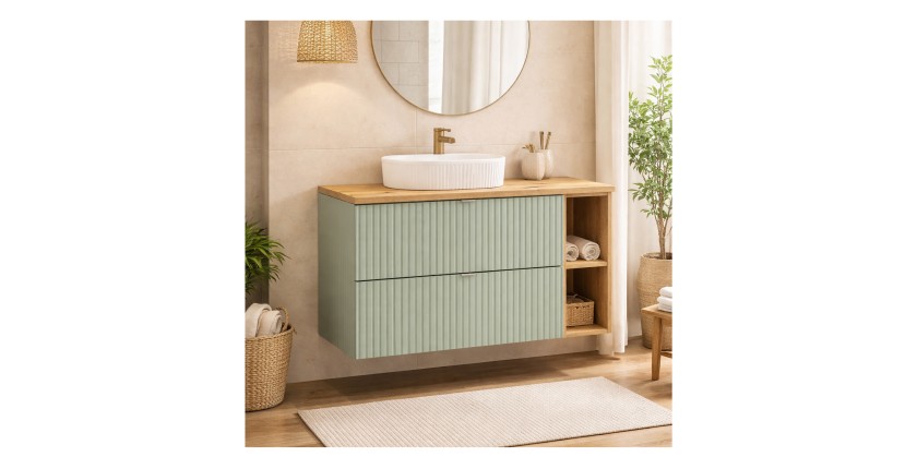 Ensemble ELVINA 100cm : meuble sous vasque, niches visibles, plan pour vasque et vasque rainurée à poser mis en situation