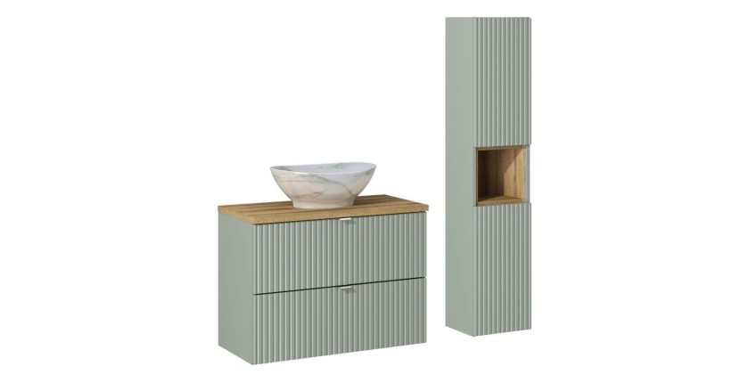 Ensemble ELVINA 110cm : meuble sous vasque, vasque à poser marbrée, colonne