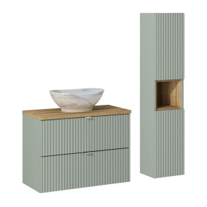 Ensemble ELVINA 110cm : meuble sous vasque, vasque à poser marbrée, colonne