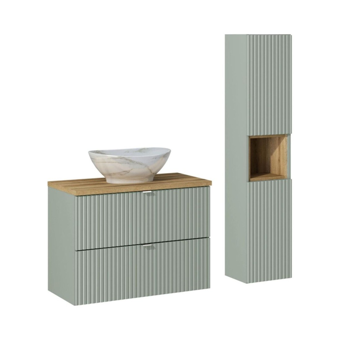 Ensemble ELVINA 110cm : meuble sous vasque, vasque à poser marbrée, colonne