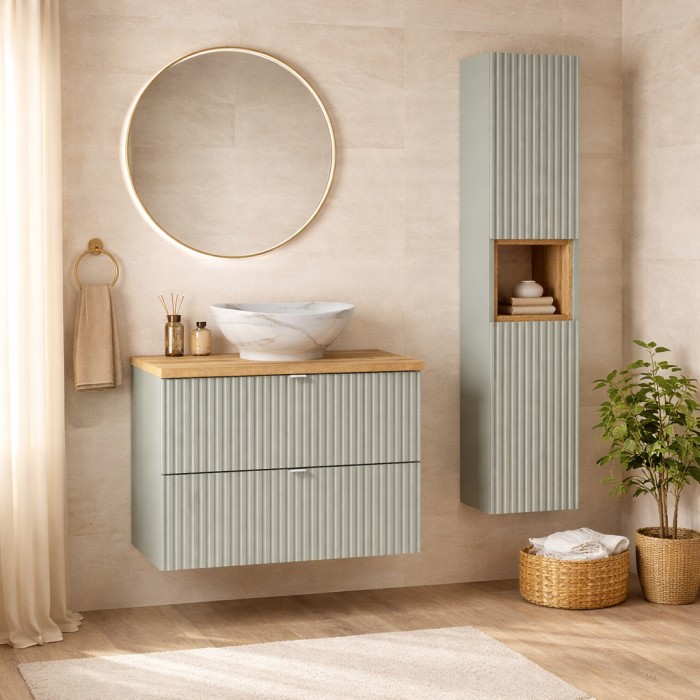 Set ELVINA 110cm: Unterschrank mit grünen Schubladen + Platte für Waschbecken + Marmor-Aufsatzwaschbecken + Säule