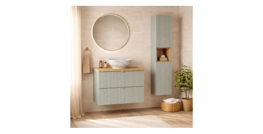 Ensemble ELVINA 110cm : meuble sous vasque, vasque à poser marbrée, colonne mis en situation