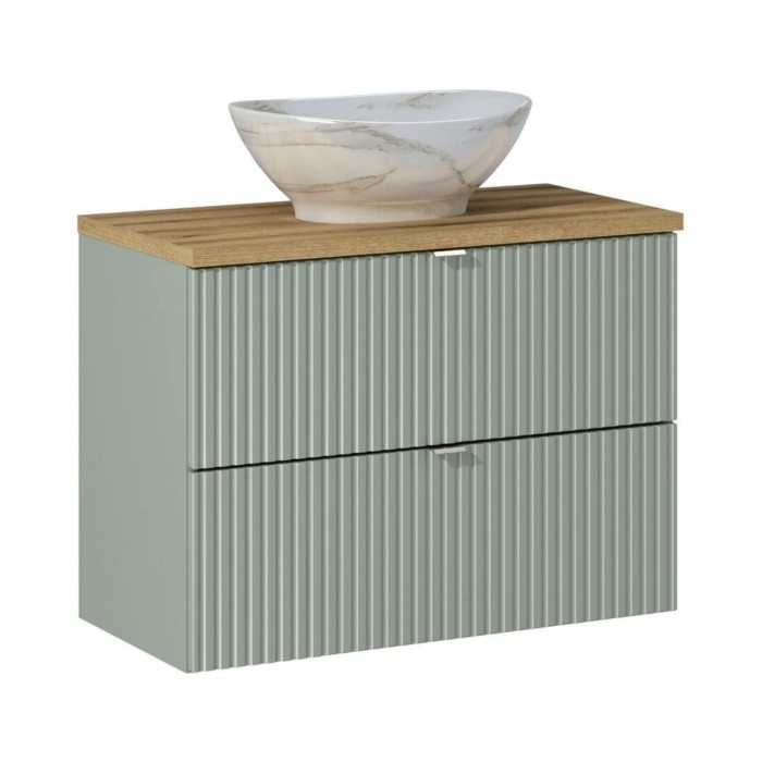 Insieme ELVINA 80cm: mobile sottolavabo con cassetti verde + piano per lavabo in aspetto legno scuro + lavabo da appoggio marmor